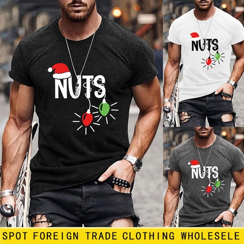 Men's Casual Cotton Blend T-Shirt With NUTS Christmas Hat Graphic Print Short Sleeve Crew Neck Summer Streetwear Top