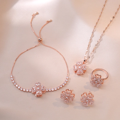 Rotierende Vierblättrige Kleeblatt Halskette Ohrringe Ring Armband Roségold Edelstahl Zirkonia Schmuck Für Damen