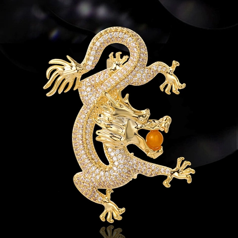 Chinese Style Dragon Brooch For Women Gold Plated Copper Micro Inlaid Zirconia Dragon Playing Artificial Pearl Pin Jewelry Accessory Gift
