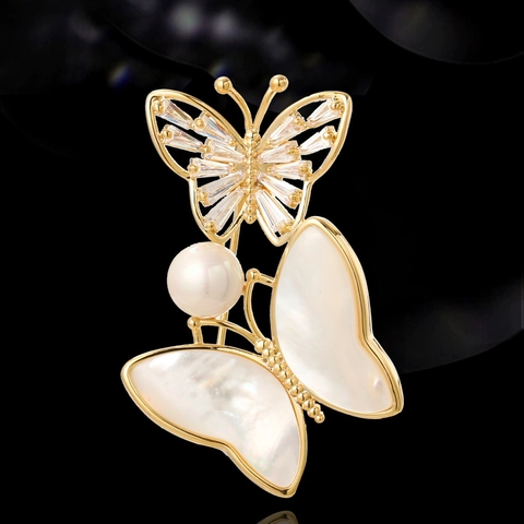 Double Butterfly Brooch Gold Plated Copper With Natural Mother Of Artificial Pearl And Zircon Elegant Fashion Shell Artificial Pearl Pin