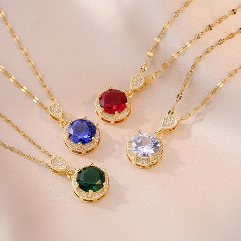 Vintage Round Halo Pendant Necklace Titanium Steel Colorful Gemstone Elegant Geometric Jewelry For Women