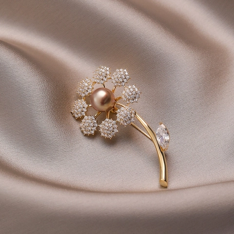 Elegante Broche De Flor De Diente De León Para Mujer Con Perla Artificial Champán Y Circonitas Alfiler De Cobre Para Trajes Y Abrigos