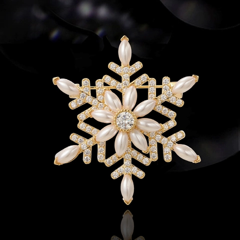 Rotating Snowflake Brooch Copper Cubic Zirconia Faux Pearl Elegant Winter Jewelry Pin For Women Suit Coat Wedding Gift