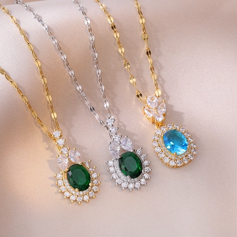 Elegante Collana con Pendente in Zirconia in Acciaio Inossidabile per Donna Pietra Ovale Verde Smeraldo Blu Gioielli di Moda