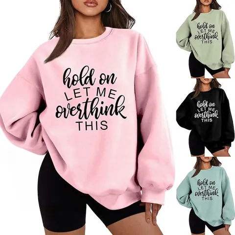 Sweatshirt Femme Oversize Col Rond Mélange Coton Doublé Polaire Épaules Tombantes Imprimé Slogan Pull Décontracté Haut