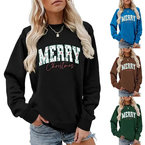 Felpa Casual da Donna Natale Stampa Merry Christmas Girocollo Manica Lunga Pullover Misto Cotone Ampio Top Festivo