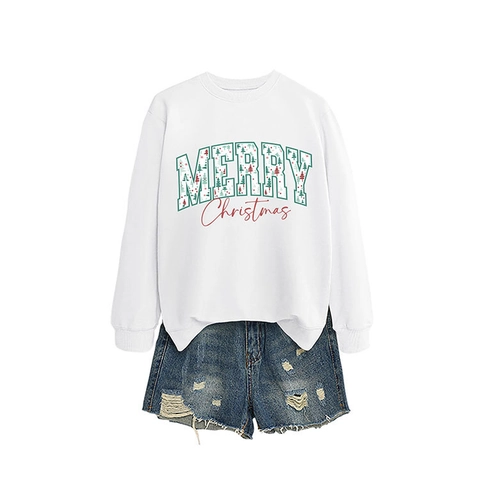 Felpa Casual da Donna Natale Stampa Merry Christmas Girocollo Manica Lunga Pullover Misto Cotone Ampio Top Festivo