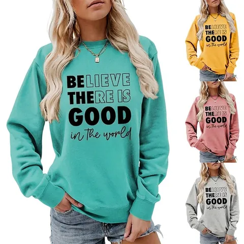 Felpa da Donna Casual Girocollo Manica Lunga Misto Cotone Stampa Grafica Lettere Believe Pullover Top