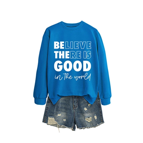 Felpa da Donna Casual Girocollo Manica Lunga Misto Cotone Stampa Grafica Lettere Believe Pullover Top