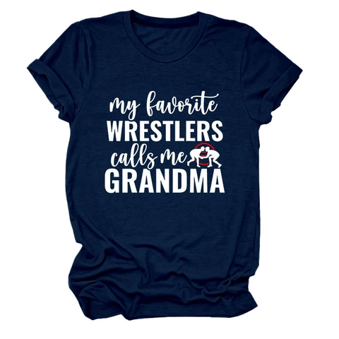 Women Casual Cotton Blend T-Shirt My Favorite Wrestlers Calls Me Grandma Print Round Neck Short Sleeve Loose Fit Top