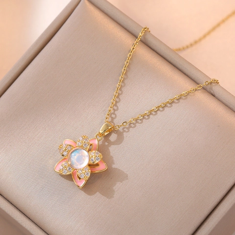 Collana Con Pendente Girevole a Fiore Rosa in Acciaio al Titanio E Anello Aperto Con Zircone Smalto Pietra Cangiante Gioielli