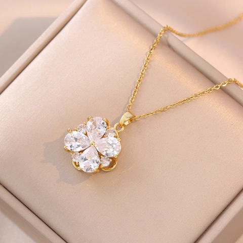 Collana Con Pendente A Fiore Rotante E Anello In Acciaio Al Titanio Zircone Incastonato Gioielli Di Lusso Per Donna