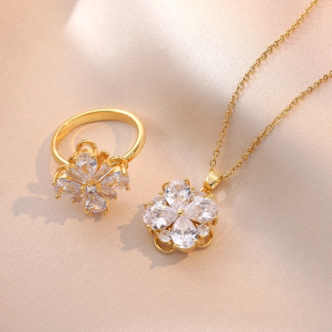 Collana Con Pendente A Fiore Rotante E Anello In Acciaio Al Titanio Zircone Incastonato Gioielli Di Lusso Per Donna
