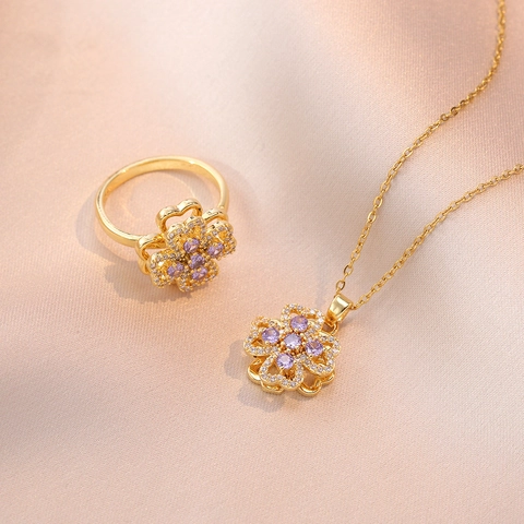 Titanium Steel Purple Zircon Rotating Four Leaf Clover Pendant Necklace And Adjustable Ring Jewelry Set For Women Gold Plated Clover Heart Flower Necklace Set