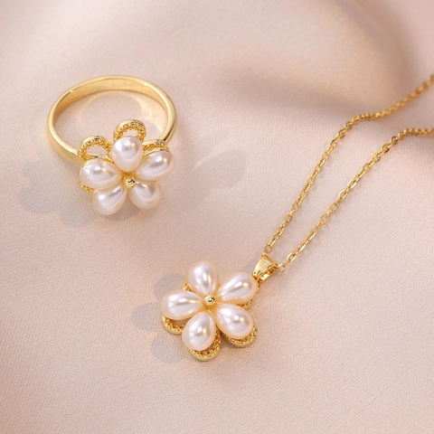 Collana E Anello In Acciaio Inossidabile Fiore Rotante Perla Artificial Zircone Gioielli Di Moda Eleganti Donna Placcato Oro