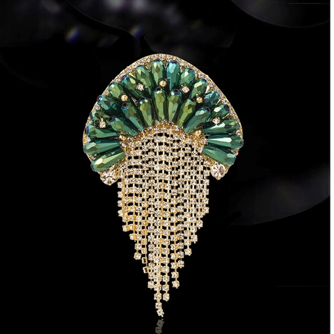 Smaragd Kwastje Broche Legering Waaiervormig Strass Cascade Luxe Vintage Corsage Sieraden Voor Dames