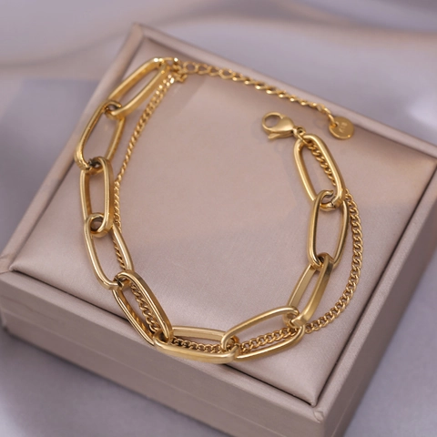 Pulsera De Doble Capa Acero Inoxidable Chapado En Oro Eslabones De Clip Hip Hop Retro Ajustable Moda Para Mujeres