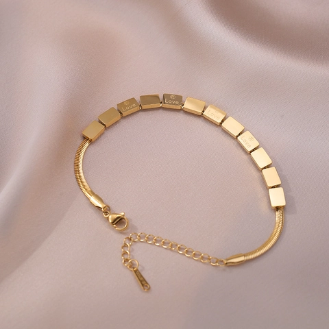 Bracciale A Catena In Acciaio Inossidabile Placcato Oro Osso Di Serpente Lettera D'amore Incisa Blocco Rettangolo Gioielli Minimalisti