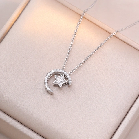 Collar con Colgante de Estrella y Luna de Circonita de Acero de Titanio Joyería de Moda para Mujer Cadena Elegante
