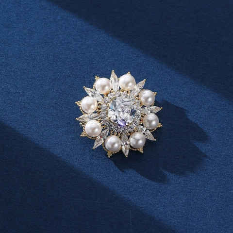 Spilla A Girasole Con Künstliche Perle Artificiali E Zirconi Rame Dorato Spilla A Fiore Brillante Per Donna Accessorio Elegante