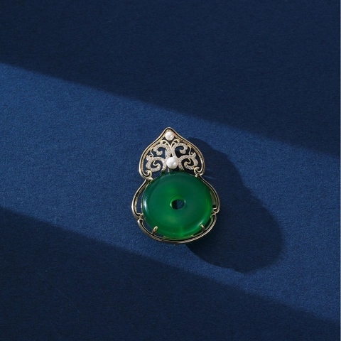 Vintage Chinese Gourd Brooch Pin Green Agate Look Safety Buckle Copper Gold Plated Faux Pearl Zirconia Brooch Jewelry For Women