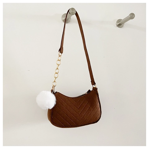 Women Fashion Felt Underarm Bag V-Quilted Shoulder Bag With Gold Chain And Plush Ball Cute Casual Daily Small Handbag