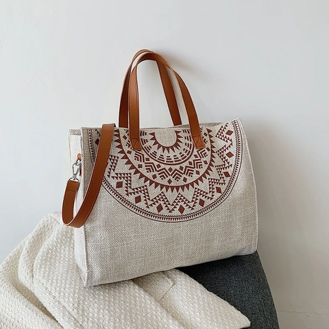 Boho Canvas Linnen Draagtas Grote Capaciteit Geometrische Mandala Print Met PU Leren Handvat Retro Schouder Handtas