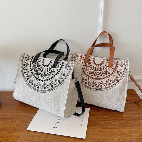 Boho Canvas Linnen Draagtas Grote Capaciteit Geometrische Mandala Print Met PU Leren Handvat Retro Schouder Handtas