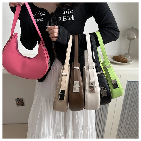 French Style Hobo Bag Women PU Leather Underarm Shoulder Bag Minimalist Half Moon Zipper Closure Trendy Niche