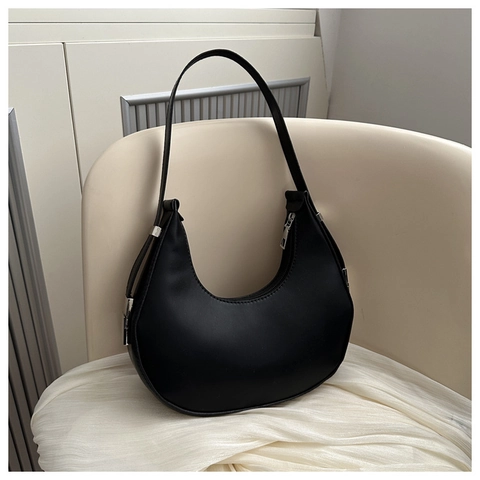 French Style Hobo Bag Women PU Leather Underarm Shoulder Bag Minimalist Half Moon Zipper Closure Trendy Niche