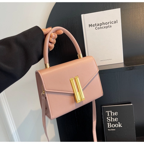 Sac à Main Carré pour Femmes en Cuir PU Serrure en Métal Doré Motif Litchi Sac à Épaule Bandoulière Travail Quotidien