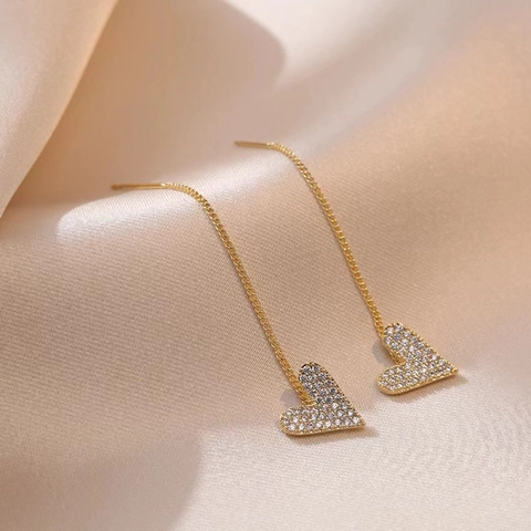 Orecchini A Filo Con Cuore In Rame Micro Pavé Zircone Lunga Frangia Eleganti Gioielli Stile Coreano Per Donne