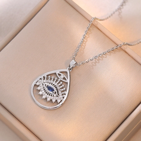 Collana con Ciondolo Malocchio in Acciaio Inossidabile per Donna Zirconia Blu Intarsiata Goccia d'Acqua Gioielli Argento Retrò