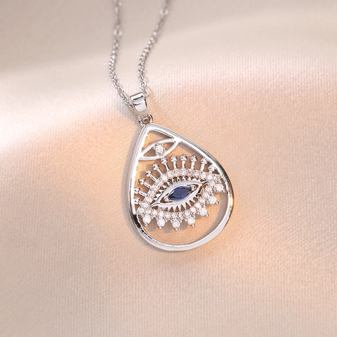 Collana con Ciondolo Malocchio in Acciaio Inossidabile per Donna Zirconia Blu Intarsiata Goccia d'Acqua Gioielli Argento Retrò