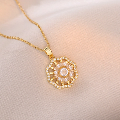 Collana con Ciondolo a Fiore Rotante Acciaio Inossidabile Zircone Perla Artificial Oro Argento Catena per Donna Gioielli Moda