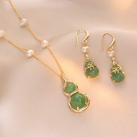 Collar Y Pendientes De Calabaza Verde Esmeralda Estilo Chino Vintage Con Perlas De Agua Dulce Joyas Chapadas En Oro