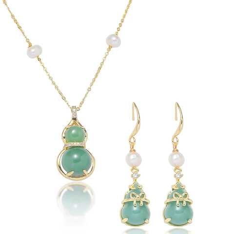Collar Y Pendientes De Calabaza Verde Esmeralda Estilo Chino Vintage Con Perlas De Agua Dulce Joyas Chapadas En Oro