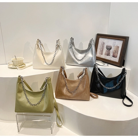 Borsa Sottobraccio Donna Pelle PU Minimalista Hobo Borsa A Spalla Tracolle Con Decorazione Catena Metallo Argento Chic