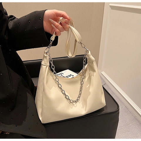 Borsa Sottobraccio Donna Pelle PU Minimalista Hobo Borsa A Spalla Tracolle Con Decorazione Catena Metallo Argento Chic
