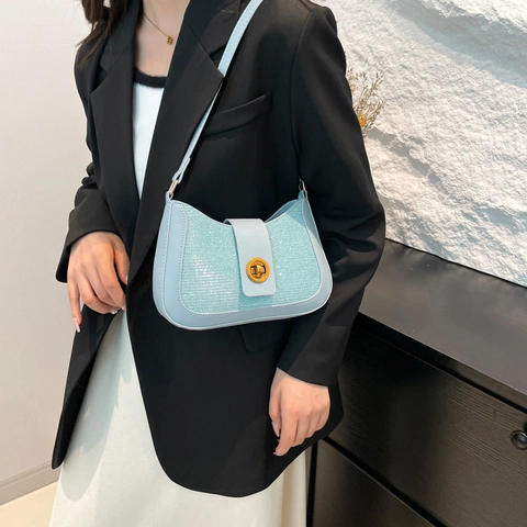 Women Underarm Shoulder Bag PU Leather Sequin Splicing Gold Twist Lock Fashionable Niche High-End Style