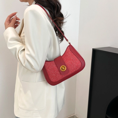 Women Sequin Stitching PU Leather Shoulder Bag Fashion Glitter Crescent Underarm Bag With Metal Lock Casual Crossbody Hobo Bag