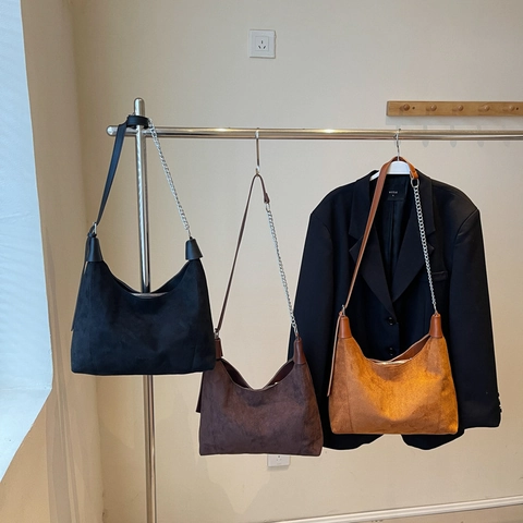 Borsa Hobo in Pelle PU con Texture Scamosciata Vintage per Donna Borsa Tote a Tracolla di Grande Capacità con Tracolla a Catena