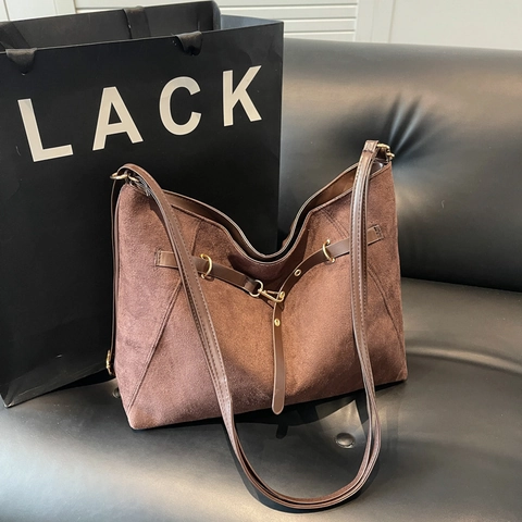 Vintage Tote Bag Große Kapazität Für Damen Mattes Wildlederimitat Schultertasche Mit Gürtelschnalle Dekor Retro Handtasche
