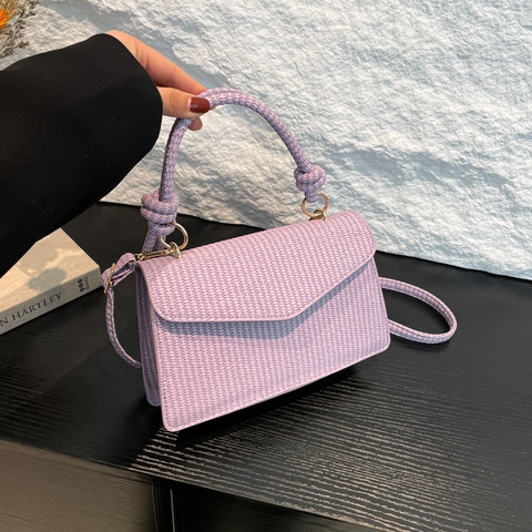 Women Woven Texture PU Leather Small Square Bag Knot Handle Envelope Flap Shoulder Crossbody Bag Fashion Commuting Handbag