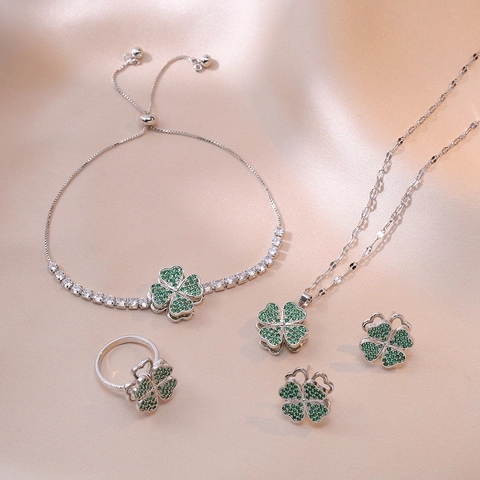 Set Gioielli Trifoglio Cuore Rotante Per Donna Zircone Verde Smeraldo Acciaio Inossidabile Moda Elegante Pendente