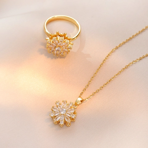 Elegant Sunflower Rotating Stainless Steel Zirconia Pendant Necklace And Ring For Women Gold Plated Fashion Jewelry Accessory