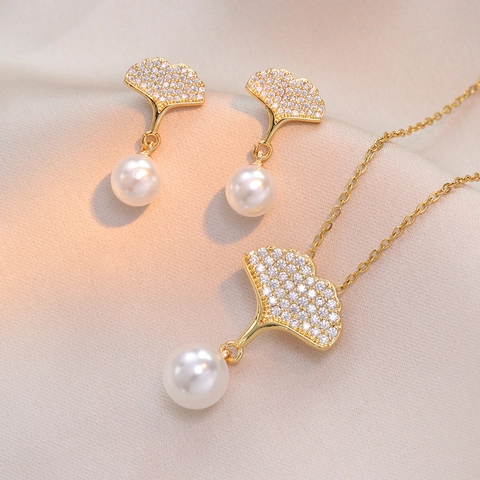 Collana E Orecchini A Foglia Di Ginkgo Acciaio Al Titanio Con Zircone E Perla Artificial Gioielli Di Moda Eleganti Per Donne