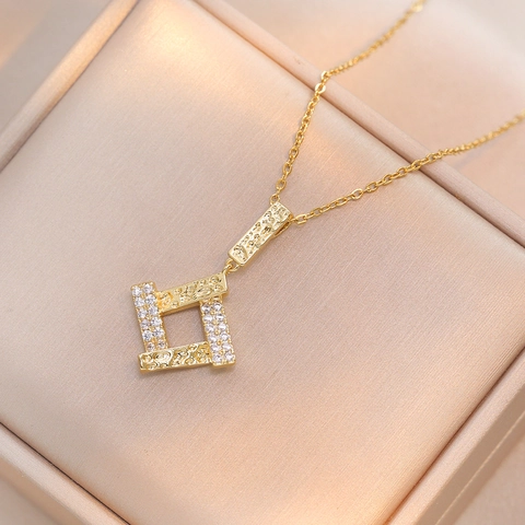 Geometrische Rechthoek Ketting Oorbellen Titaniumstaal Witte Zirkoon Gehamerde Textuur Mode Sieraden
