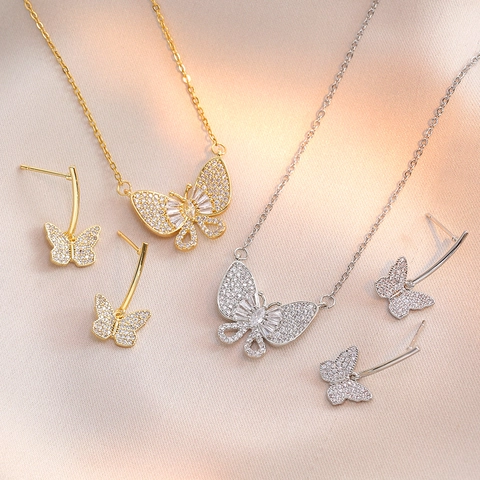 Elegant Alloy Gold Silver Plated Butterfly Pendant Necklace Zircon Stud Earrings Jewelry Set For Women Daily Party Gift