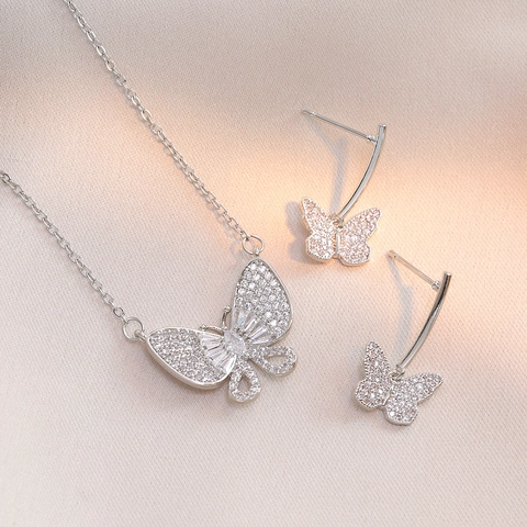 Elegant Alloy Gold Silver Plated Butterfly Pendant Necklace Zircon Stud Earrings Jewelry Set For Women Daily Party Gift